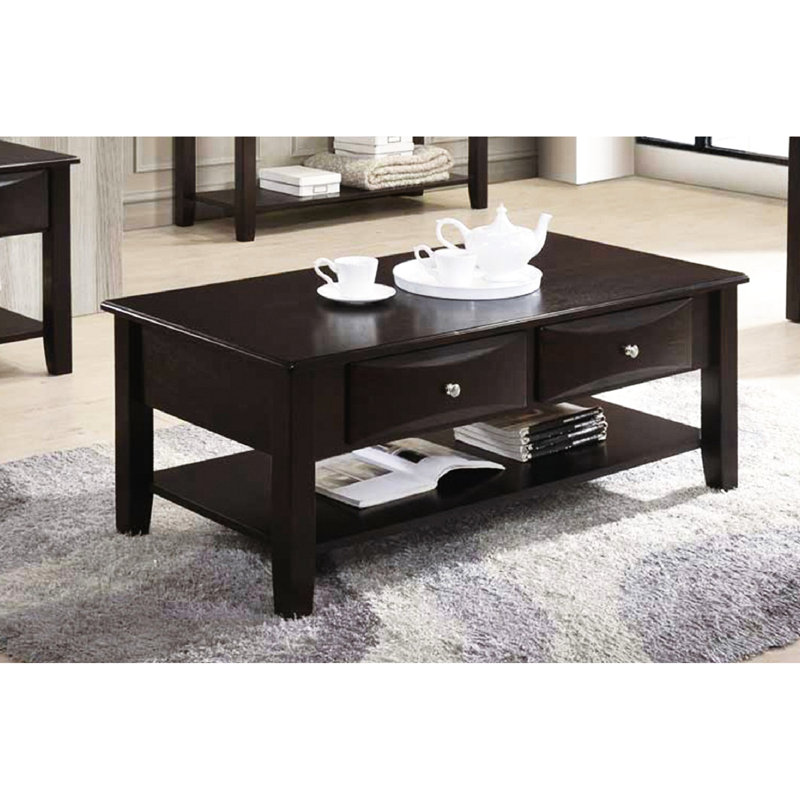 Table basse brune avec de grands tiroirs de rangement et une tablette de 2 po