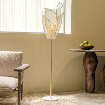 Lily Sculptural Floor Lamp – Tulip Petal Mesh Shade, Ivory Cream, Rattan Rod & Marble Base Standing Lamp