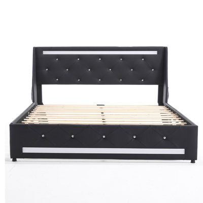 Queen Size Upholstered Platform Bed Frame with LED Lights Charging Station No Box Spring Needed for Bedroom