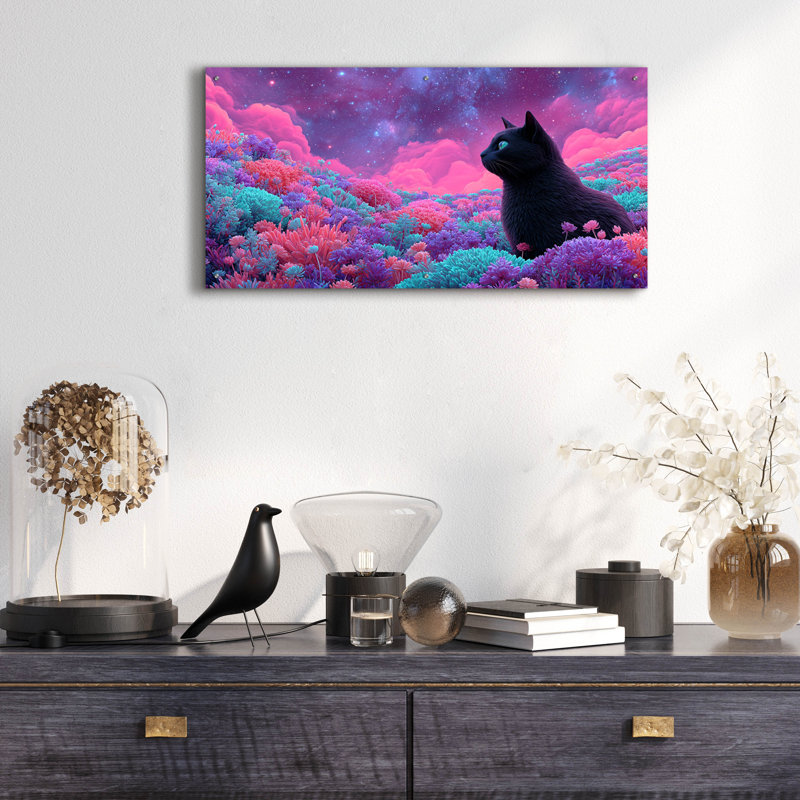  «Black Cat Cosmic Meadow» par Ann Klee, art mural en verre acrylique, 48 po x 24 po, H 24 po x l 48 po