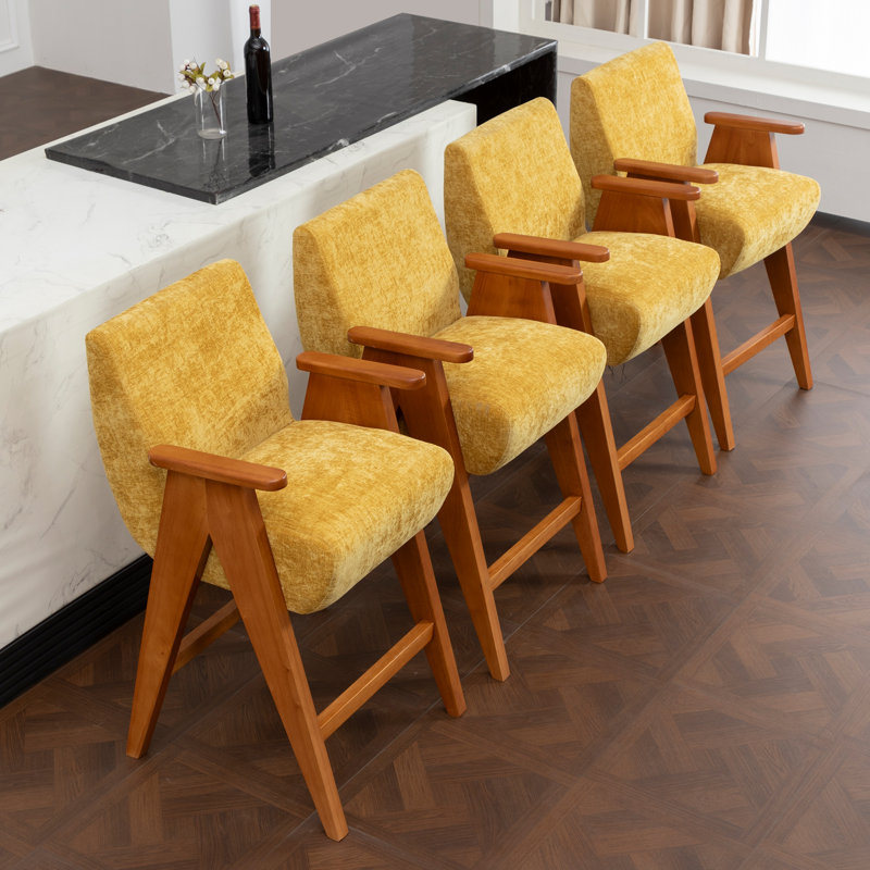 Mid-Century Upholstered Counter Bar Stool With Arms And Wooden Legs, Yellow