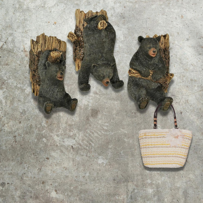 Ensemble de 3 crochets à manteaux rustiques en forme d'ours sur une branche