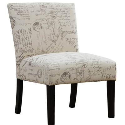 English Letter Print Accent Furniture, Cotton Upholstery, Taupe And Cream, Wood Construction, Legs, 23.25"w X 25.5"d 33"h Contemporary Armless Chair With Print, Blend Upholstery In Solid Frame, Deep