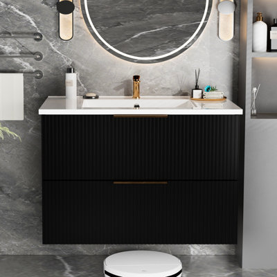 Black 090 Bathroom Vanity, No Sink, Two Drawers, Reduces Cleaning, Multilayered Board, 53.76 Lb Weight Vanity Without Floating, U Shaped Drawer, Smooth Surface, 34.01 In Depth