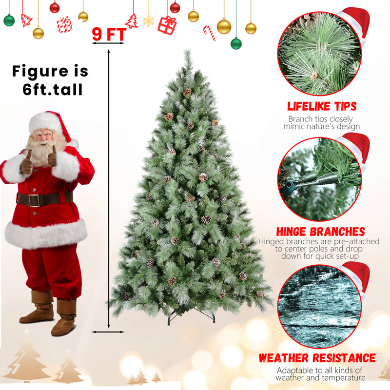 Arbre de Noël 7,5 pi avec 92 pommes de pin - 1588 pointes, branches mixtes en PVC et aiguilles dures, structure à charnières pour une installation facile, support en métal robuste - arbre de Noël réaliste