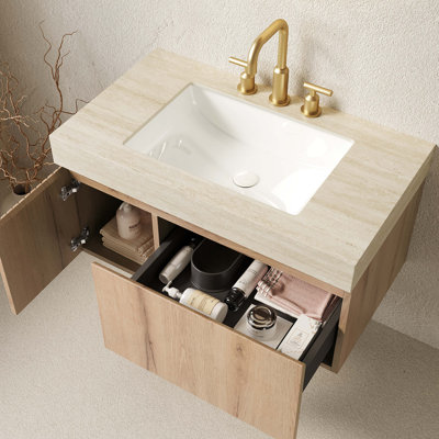 Meuble-lavabo 36 po, armoire de rangement en contreplaqué flottant avec tiroir et porte, comptoir en pierre frittée et lavabo en céramique avec 3 trous de robinet pré-percés