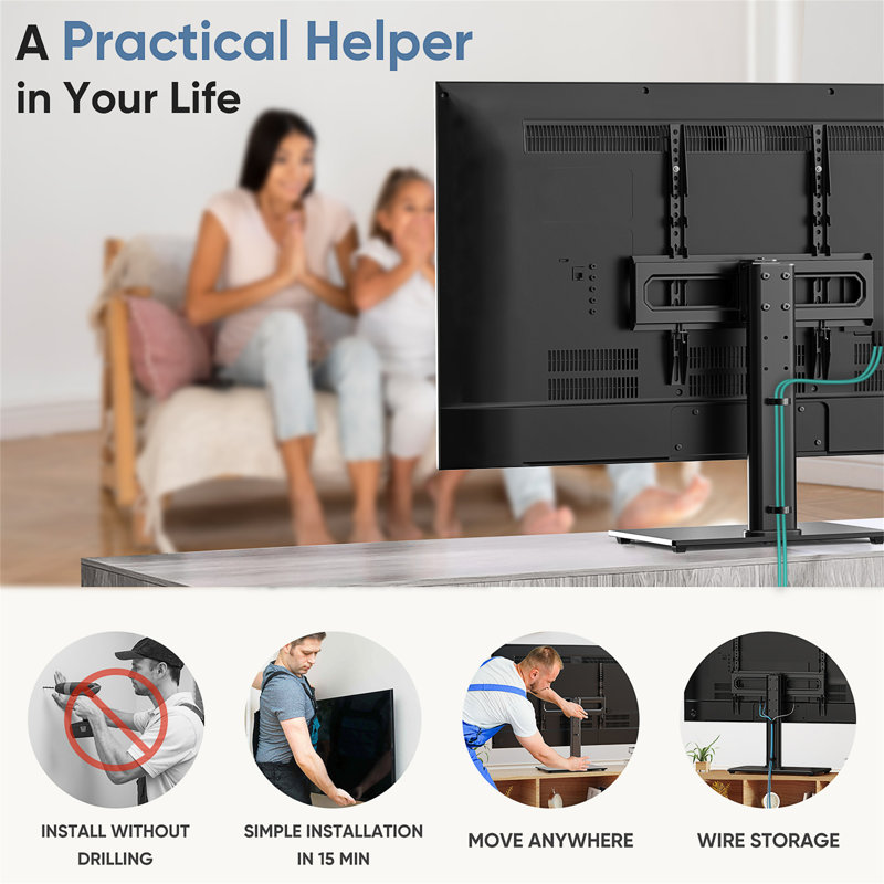 Black Adjustable Height Universal Rotating TV Stand