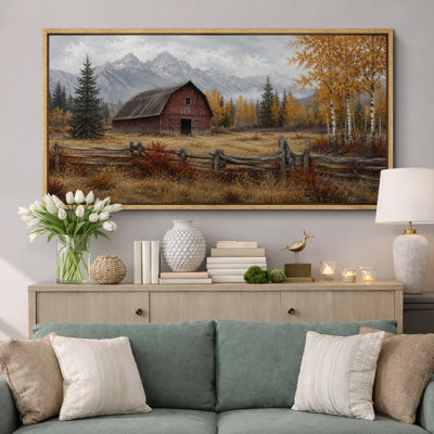 Mountain Barn Autumn Landscape Artwork, Living Room Pictures, Framed Canvas Giclee Print 3 Pieces Wall Art - 16"x24"x3pcs, 24"x36"x3pcs