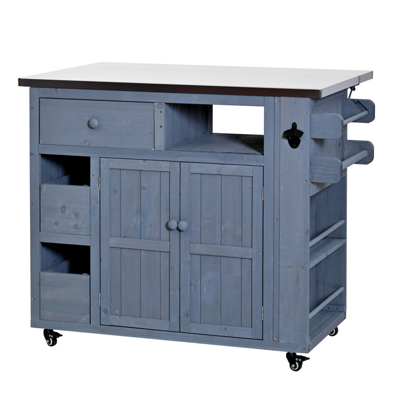 Outdoor Solid Wood Extendable Kitchen Island With Stainless Steel Top, Side Spice Rack, Drawers & Storage Cabinet, Gray