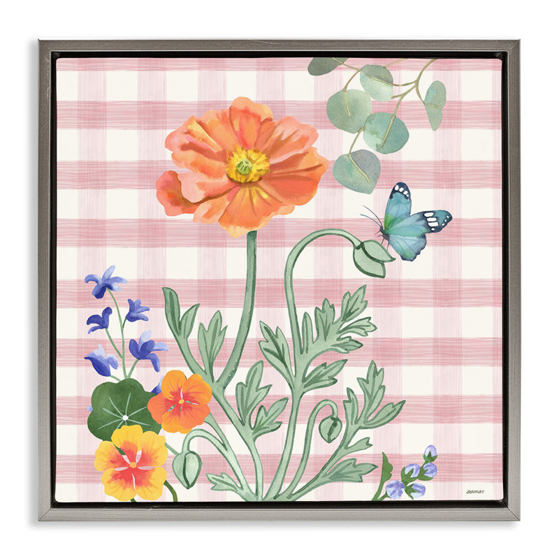 «Gingham Garden Poppy», art mural encadré flottant par Levison Design, Cadre flottant gris lustré, H 25 po x l 25 po