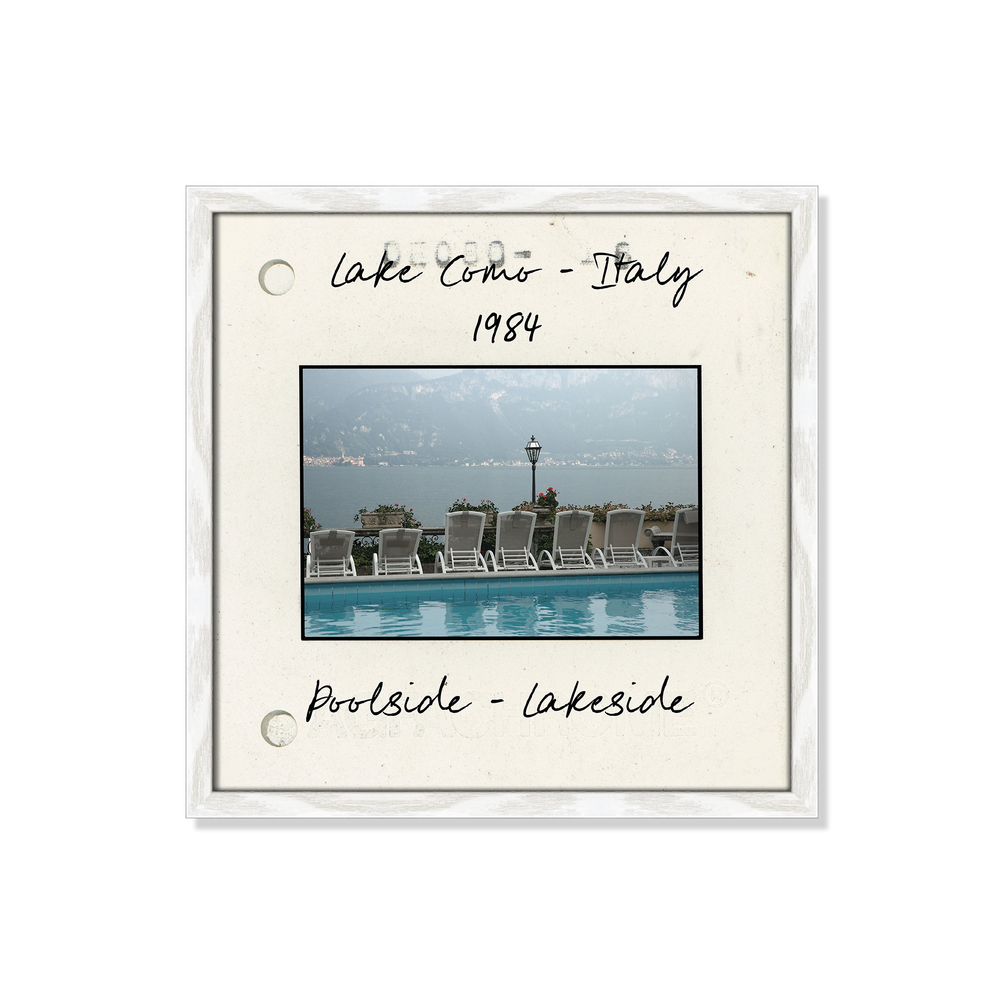 Lake Como, Italy - Poolside Lakeside Print by Danita Delmont, 17" H x 17" W x 0.75" D, White Single Picture Framed Paper