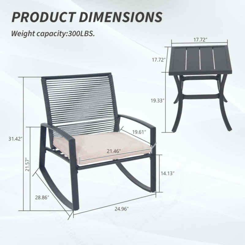 2-Person Outdoor Patio Bistro Metal Rocking Conversation Set With Table, Beige