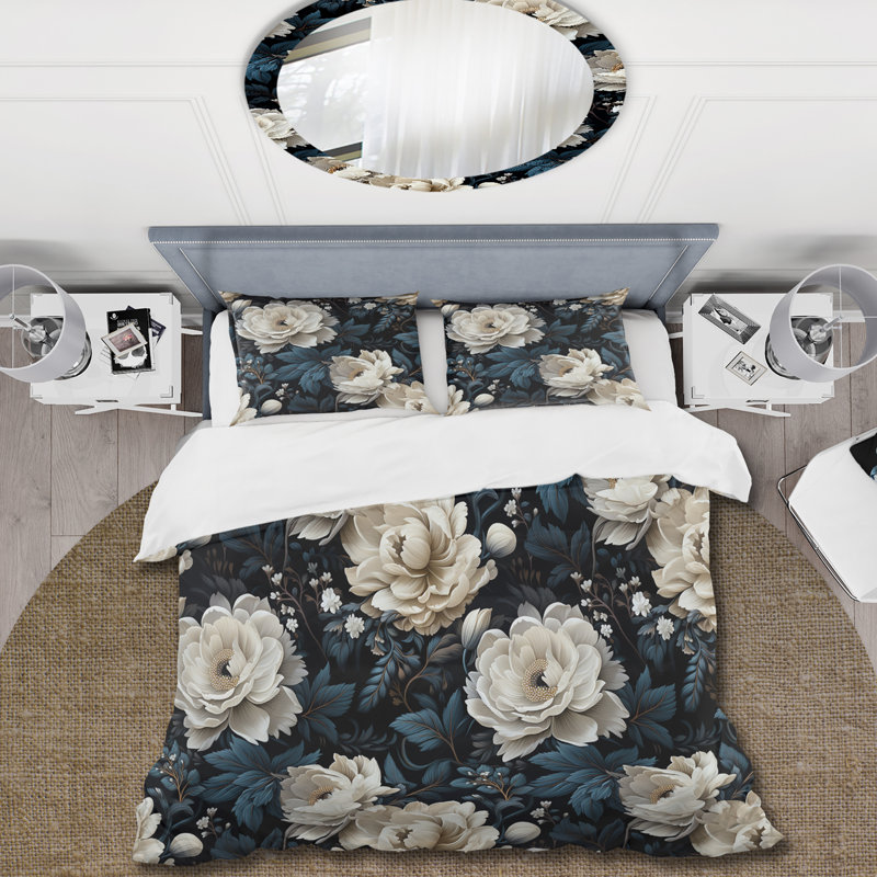 Ensemble de housse de couette à motif floral blanc et noir Royal, Housse de couette simple + 1 taie décorative stan
