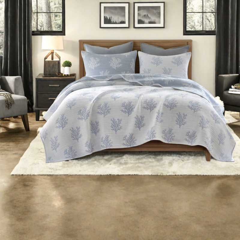 De courtepointe réversible bleue à pièces, mélange de coton et chambre à coucher moderne