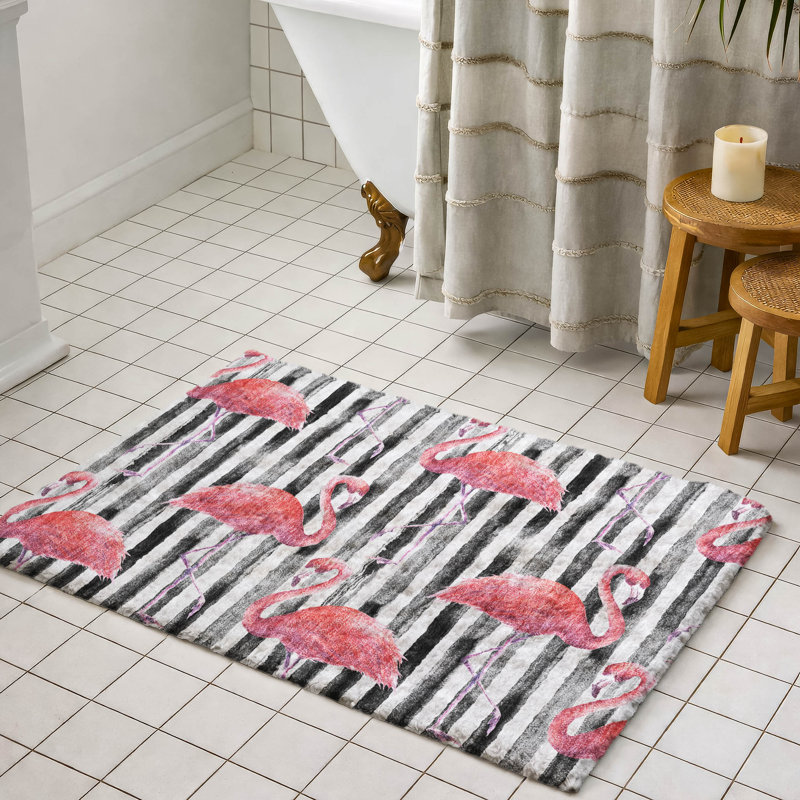 Premium Machine Washable Dream Shag ADS204 Striped and Flamingos Rug, 2'6" x 3'10"