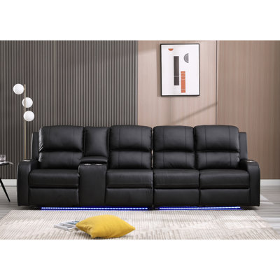 Vardie 115.8" Wide Breathable Leather Power Reclining Sectional Sofa, 4-Seater Sectional Couch with LED, Storage & Cup Holder