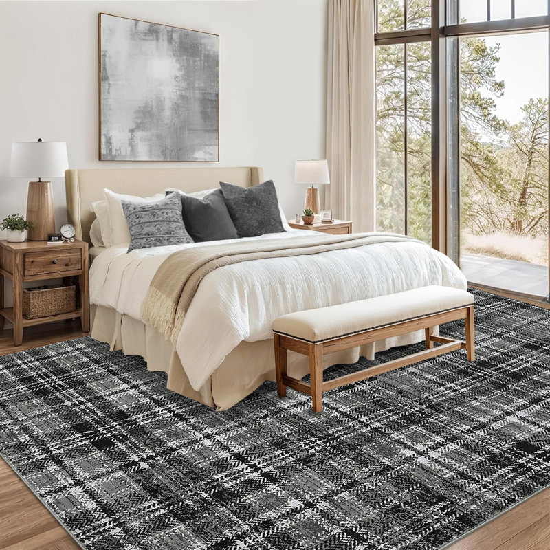 Washable Area Rugs for Bedroom Modern Area Rug for Living Room Contemporary Plaid Non Slip Large Rug Low Pile Stain Resistant Carpet for Playroom Classroom
