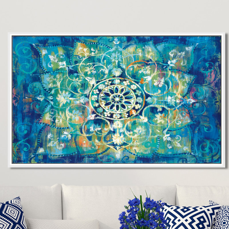 Mandala In Blue I Bright - Print on Canvas, 21.5" H x 33.5" W x 2" D, White Floater Frame