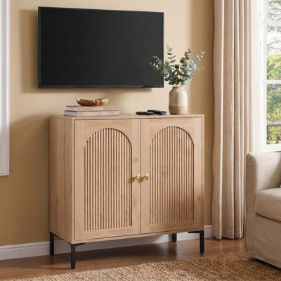 Modern TV Stands 34" Tall Wood Entertainment Center w/Adjustable Shelves, Mid Century Modern TV Stand w/Arched Fluted Doors, Media Console Cabinet for Living Room