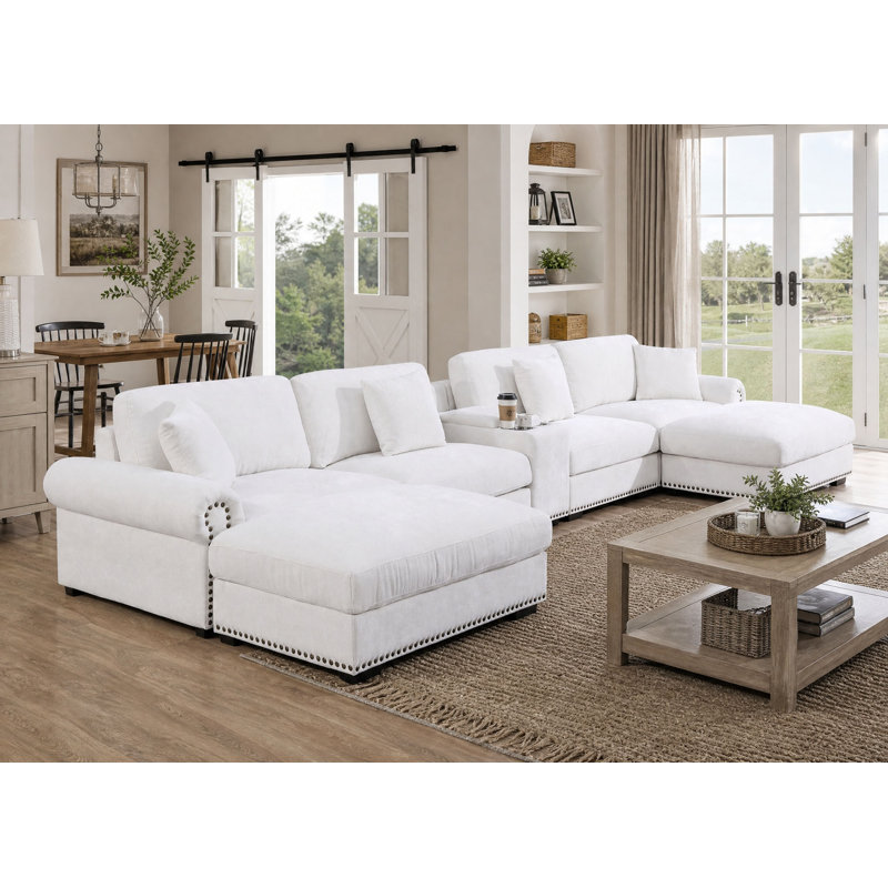 7 - Piece 179.86" U Shape Sectional Sofa Cloud Couch With Removable Ottomans & Cup Holder, USB & Type-C Charging Ports
