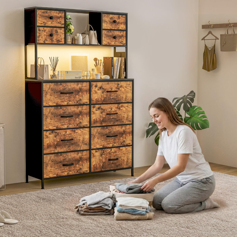 12-Drawer Dresser with Charging Station & LED Light, Metal Frame Fabric Storage with Open Shelves for Bedroom, Living Room