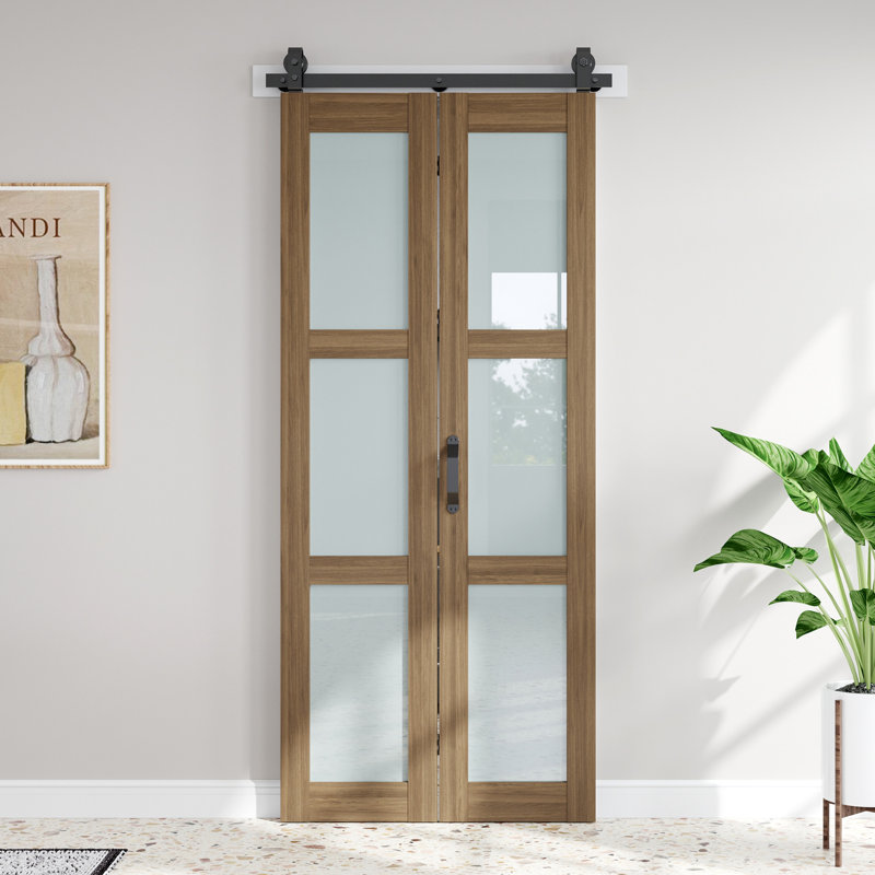 Porte de grange pliante en verre 3 épaisseurs et en bois d'épinette massif 3 pièces avec quincaillerie - Assemblage facile requis