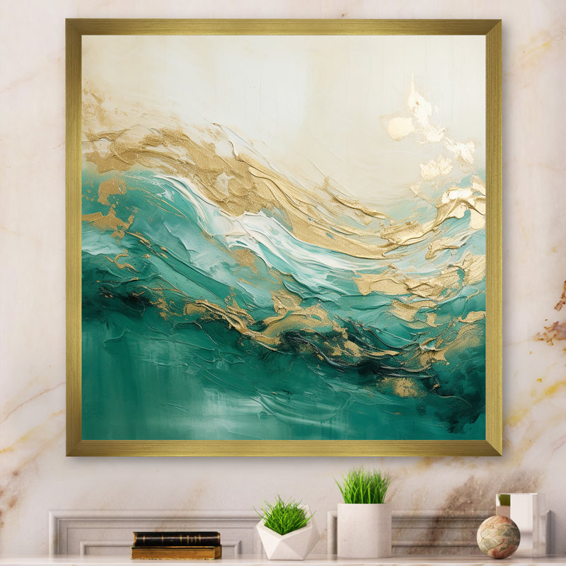 «Gold and Green Soft Wave Fusion II», reproduction d'art sur toile abstraite, H 30 po x l 30 po x P 1 po, Cadre doré simple