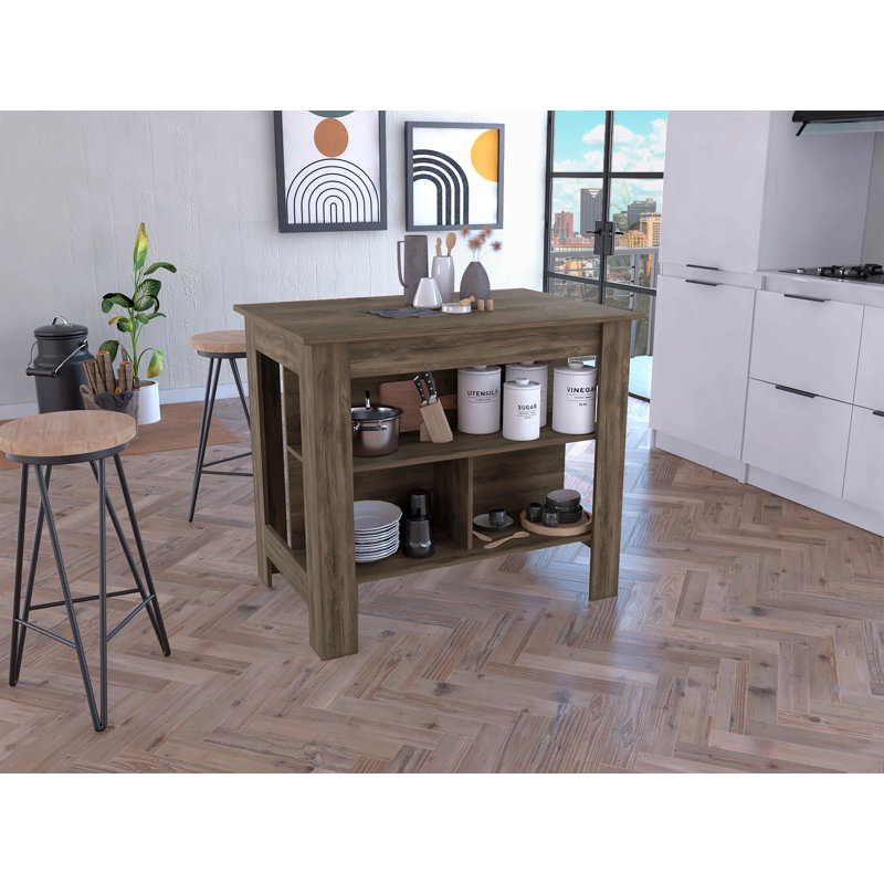 Îlot de cuisine, quatre pieds, trois tablettes - brun foncé
