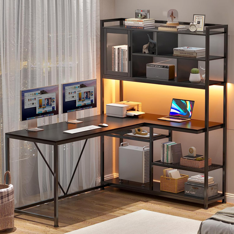Rustic Brown and Black L-Shaped Computer Desk with Shelves and LED Lighting