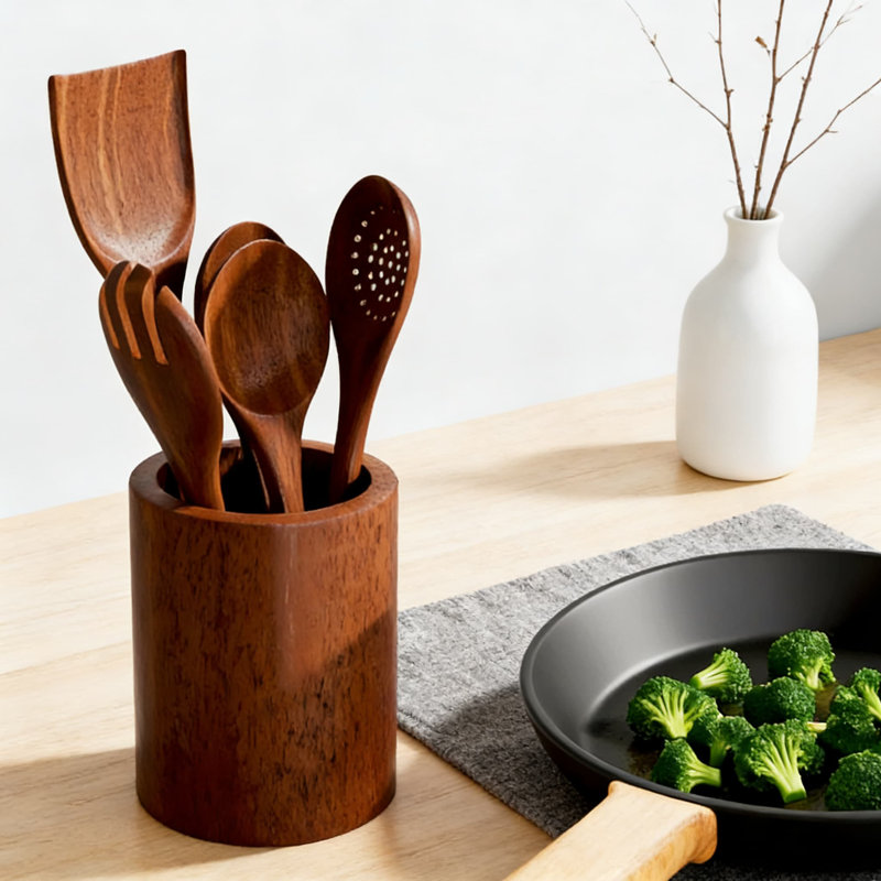 Ensemble d'ustensiles de cuisine en bois d'acacia - 6 pièces d'outils de cuisine anti-égratignures pour batterie de cuisine antiadhésive, comprenant des spatules et des cuillères, écologiques et durables pour la cuisine de tous les jours