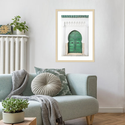 Porte marocaine verte par Ikeyia, reproduction d'art encadrée sur bois