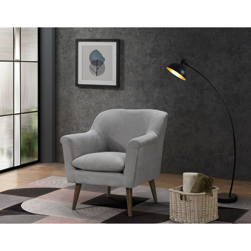 Fauteuil de 31,5 po de style Mid-Century moderne, tissu tissé gris, accoudoirs arrondis, pieds en bois de noyer, dossier rembourré en mousse