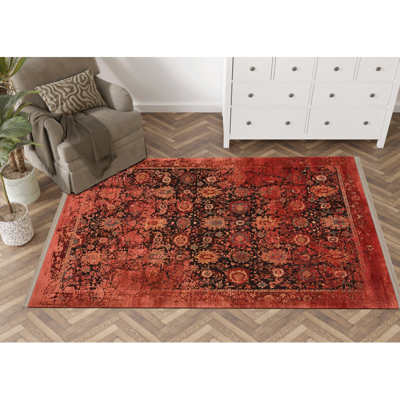 Tapis décoratif à motif abstrait rouge à motif traditionnel rouge, Rectangle 4 pi 11,06 po x 7 pi 6,55 po