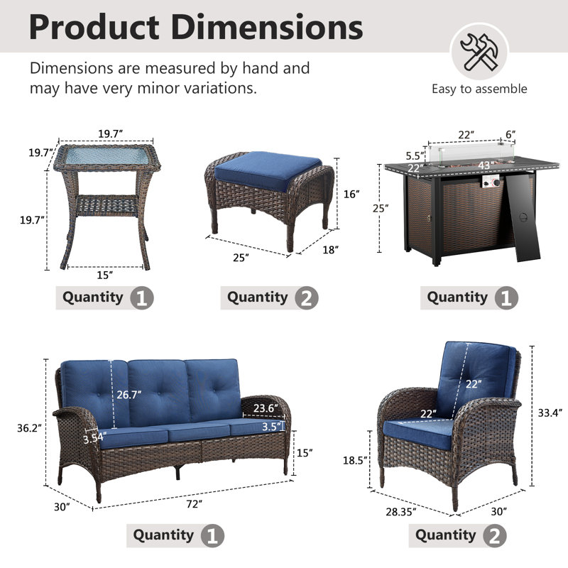 Aluel 7-Pieces Outdoor Wicker Patio Conversation Furniture Set with Rectangular Fire Pit Table, Blue