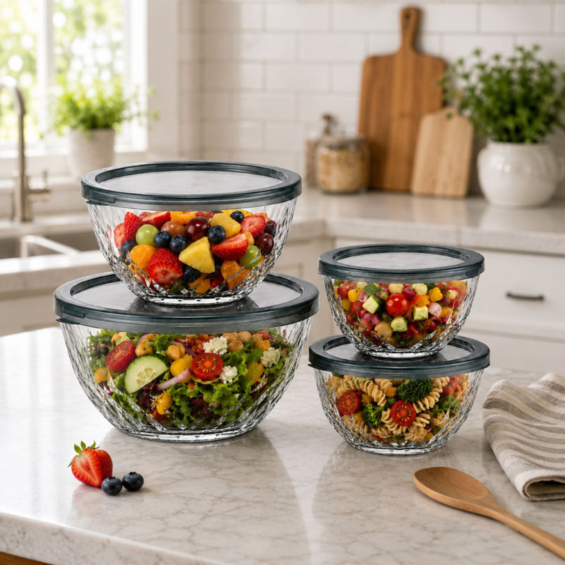 Ensemble de bols en verre 4 pièces Sorbus avec couvercles en plastique hermétiques - Bols de mélange et de rangement emboîtables, sans BPA, allant au micro-ondes, au lave-vaisselle et au congélateur, motif de surface en losange