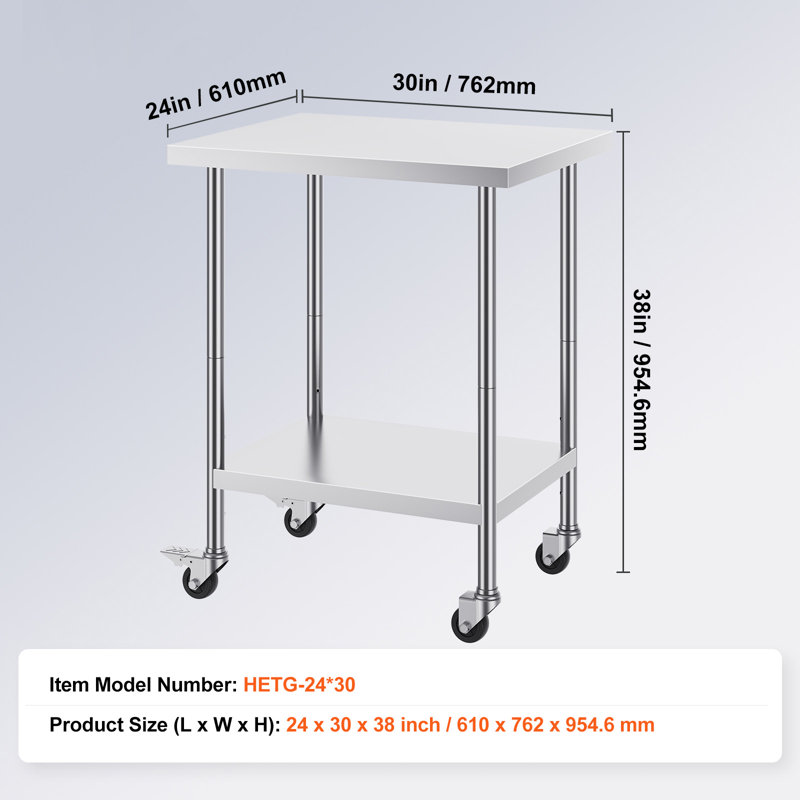 Table de travail en acier inoxydable 61 x 76 x 97 cm, équipée de 4 roulettes, 3 niveaux de hauteur réglables, table de préparation alimentaire robuste pour cuisines professionnelles et restaurants, argent
