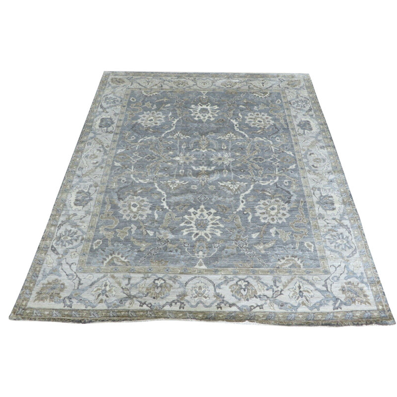Tapis gris / bleu en laine noué à la main de conception unique 8 pi 3 po x 9 pi 10 po Broadhurst