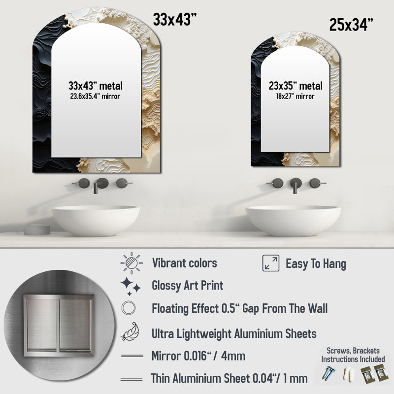 Abstract Cream And Black Liquid Paint - Coastal Arch Decorative Mirror, Cream Asymmetrical Wall Mirror, Printed Metal Art