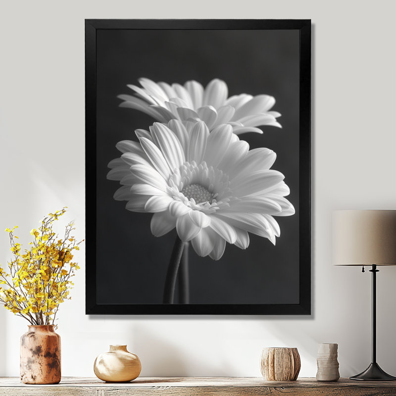 Monochromes noir et blanc «Bliss Daisy Photo I» - impression d'art mural marguerites, Cadre simple noir, H 12 po x l 20 po