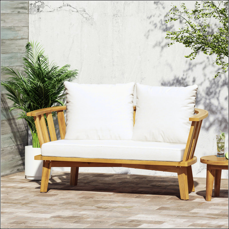 Causeuse d'extérieur en bois avec coussins - blanc / teck - l 55,50 po x P 27,00 po x H 25,50 po
