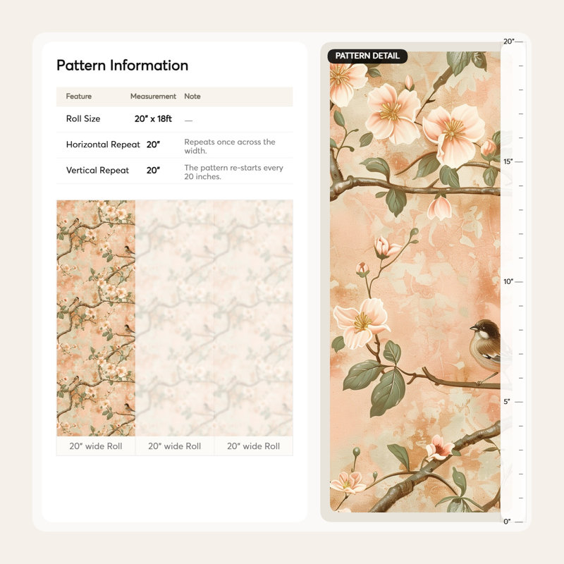 Papier peint floral Branches d'oiseaux, décoration murale amovible, Non tissé, non collé