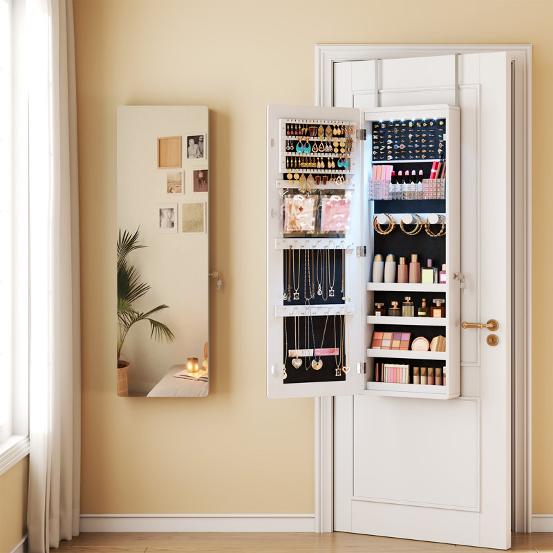 Armoire à bijoux murale à DEL avec miroir et éclairage intérieur - Organisateur de bijoux à suspendre avec tablettes de rangement