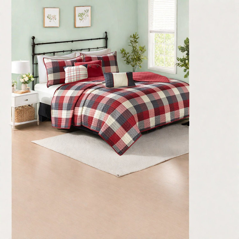 Comfortable 6 Piece Red Bedding Sets, Polyester Herringbone, Farmhouse Style