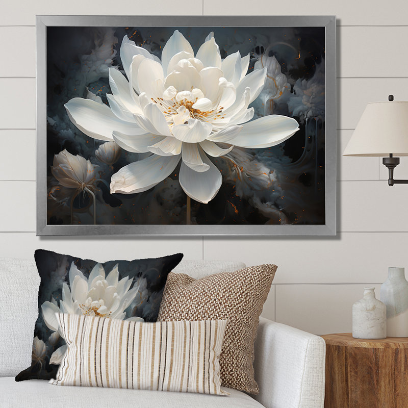 Serenity Blossum Lotus - art mural Lotus, H 30 po x l 40 po, Cadre photo unique, Blanc