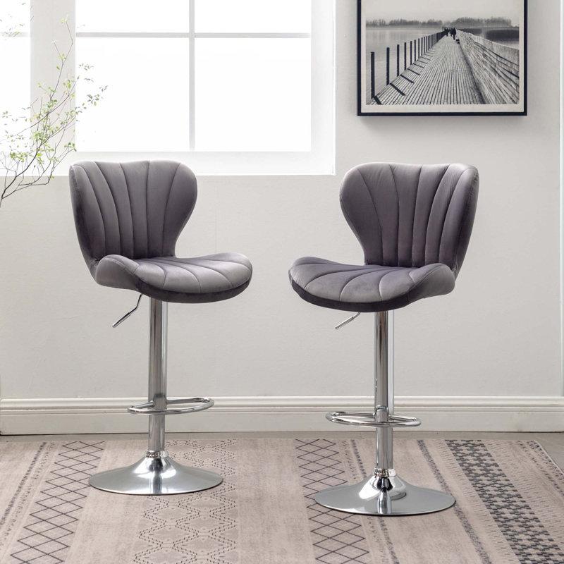 Upholstered Adjustable Swivel Barstools, Set Of 2, Grey