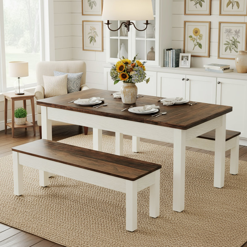 Ensemble de table de salle à manger en bois 55 po avec 2 bancs et 3 pièces, Brun / Blanc