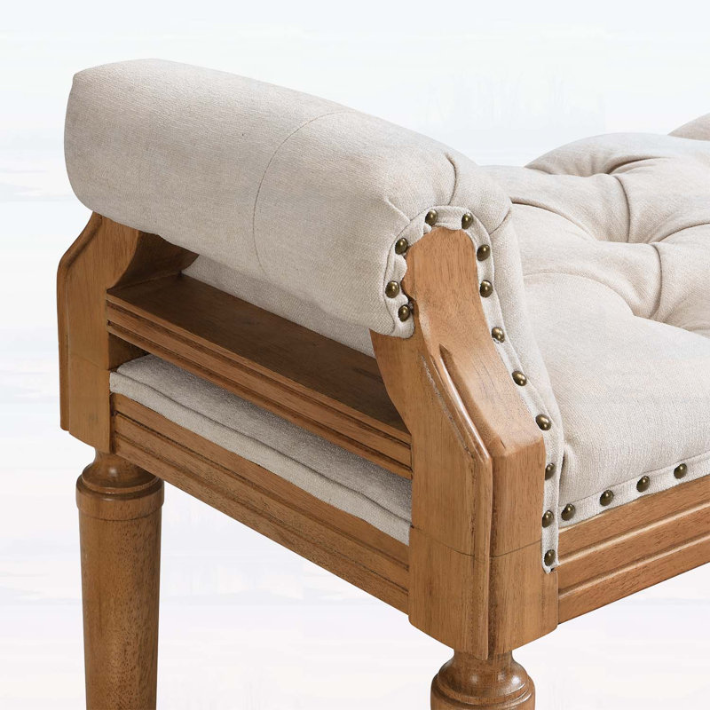 Banc rembourré en bois massif de style Mid-Century, banc de bout de lit avec accoudoirs roulés, repose-pieds capitonné classique, beige