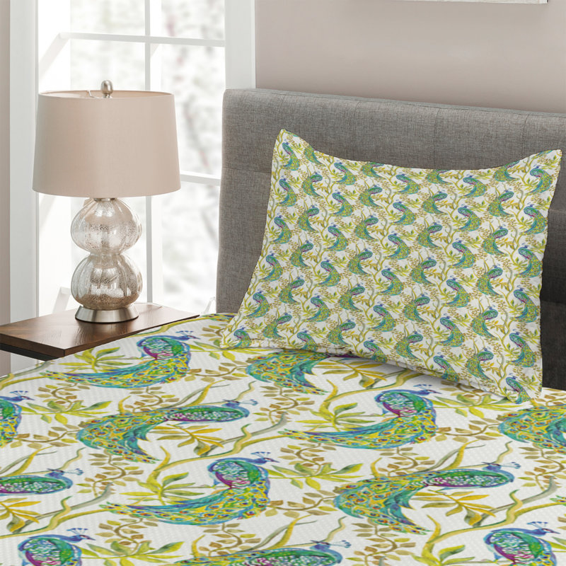 Vibrant Floral Coverlet, Twin Bedspread + 1 Standard Sham, Green/White Floral
