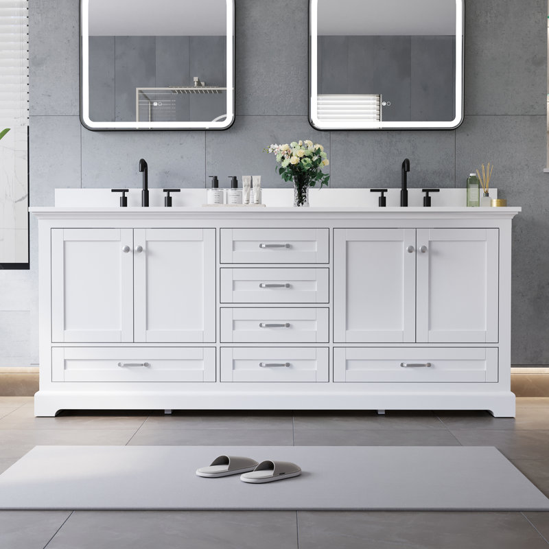 Meuble-lavabo de salle de bain en bois massif, 203 cm (L) x 87 cm (H), avec comptoir en marbre synthétique blanc pur et double lavabo, blanc