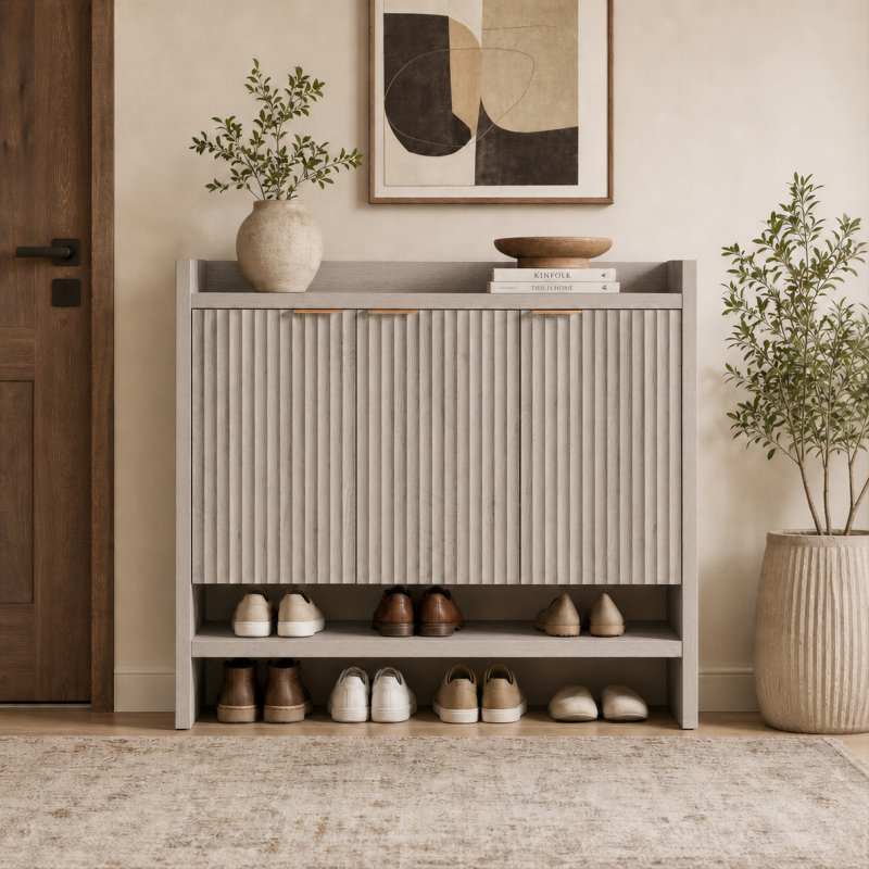 Nicolee 30 Pair Shoe Storage Cabinet, Greige Oak